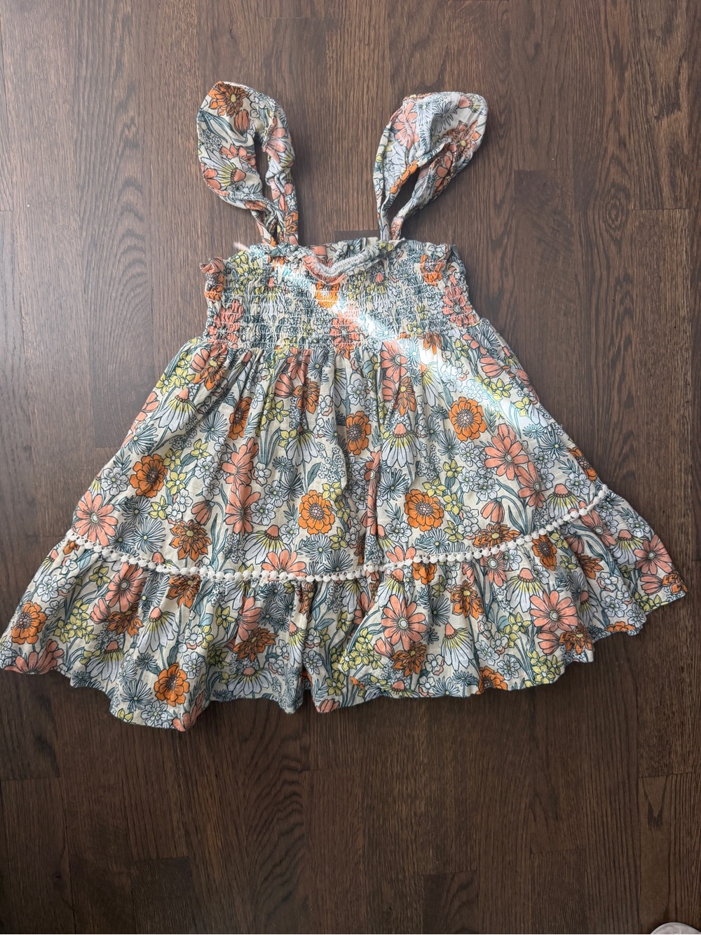 Girls Floral Tiered Sundress with Tie Straps - Orange & Cream